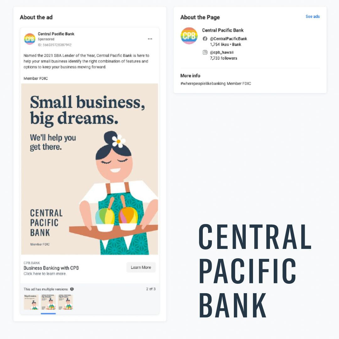 Central Pacific Bank: 4AM provided management of Meta advertising including bidding strategy, target audience research, and scaling.