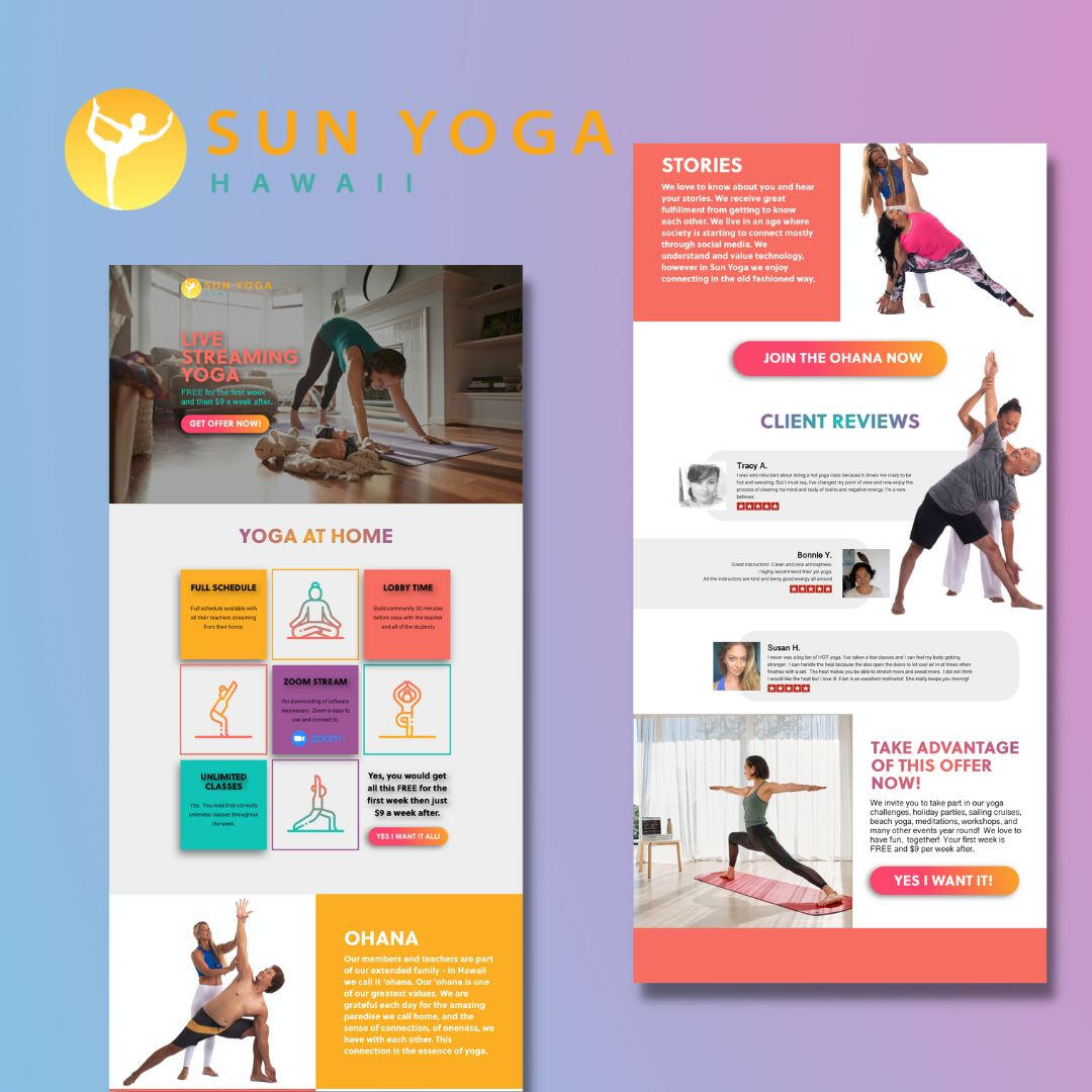 Sun Yoga (Yoga studio): 4AM provided mock landing page design for new online classes and would be used in social media advertising campaign.